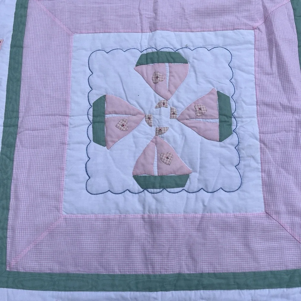 Handmade Sailboat Girls Crib Quilt, Green, White, Pink, One Of A Kind 42